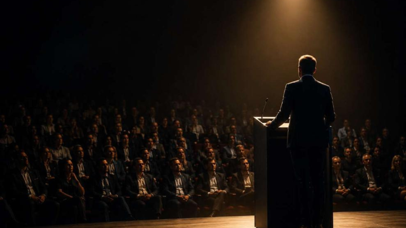 A lone speaker at a minimalist podium addressing a darkened auditorium filled with silhouetted executives