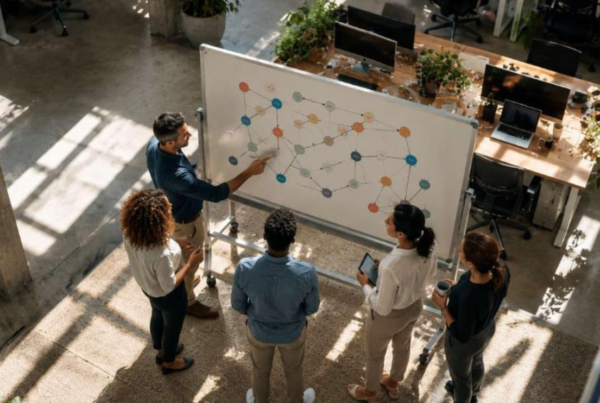 Overhead aerial view of a modern open-plan office where five diverse professionals huddle around a whiteboard
