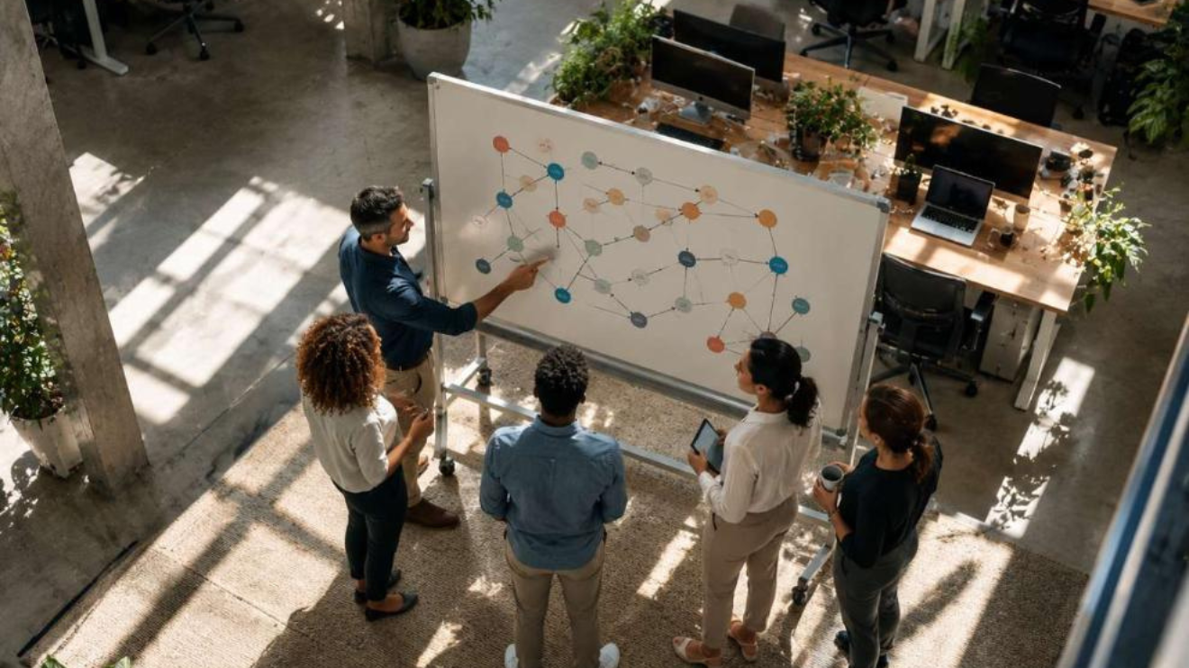 Overhead aerial view of a modern open-plan office where five diverse professionals huddle around a whiteboard
