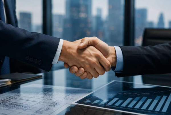 Close-up of two hands — one in a tailored suit sleeve — exchanging a firm handshake across a glass-topped boardroom table