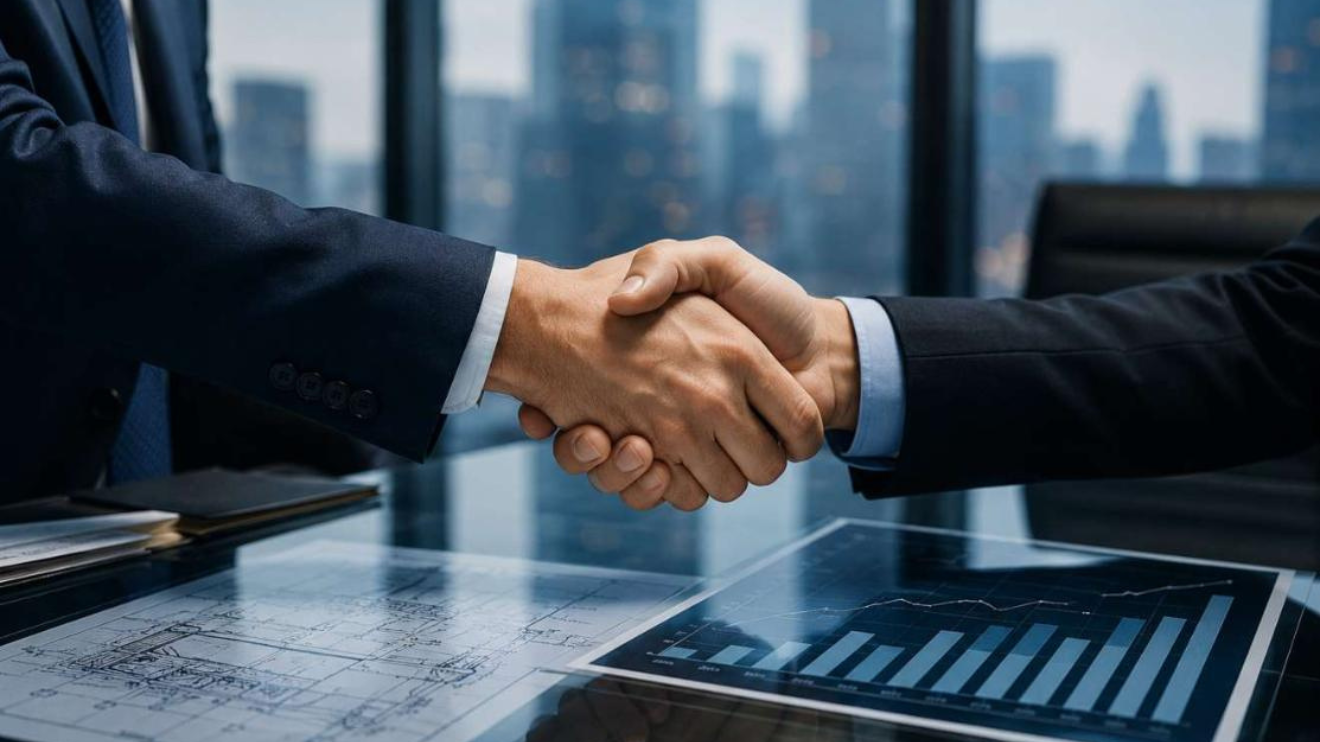 Close-up of two hands — one in a tailored suit sleeve — exchanging a firm handshake across a glass-topped boardroom table