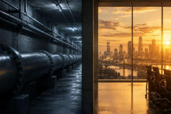 Split composition: left side a vast empty pipeline tunnel in cold grey steel light; right side a warm golden cityscape glowing on the horizon