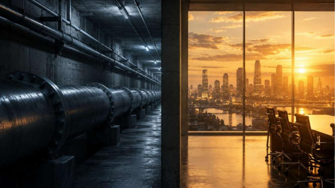 Split composition: left side a vast empty pipeline tunnel in cold grey steel light; right side a warm golden cityscape glowing on the horizon