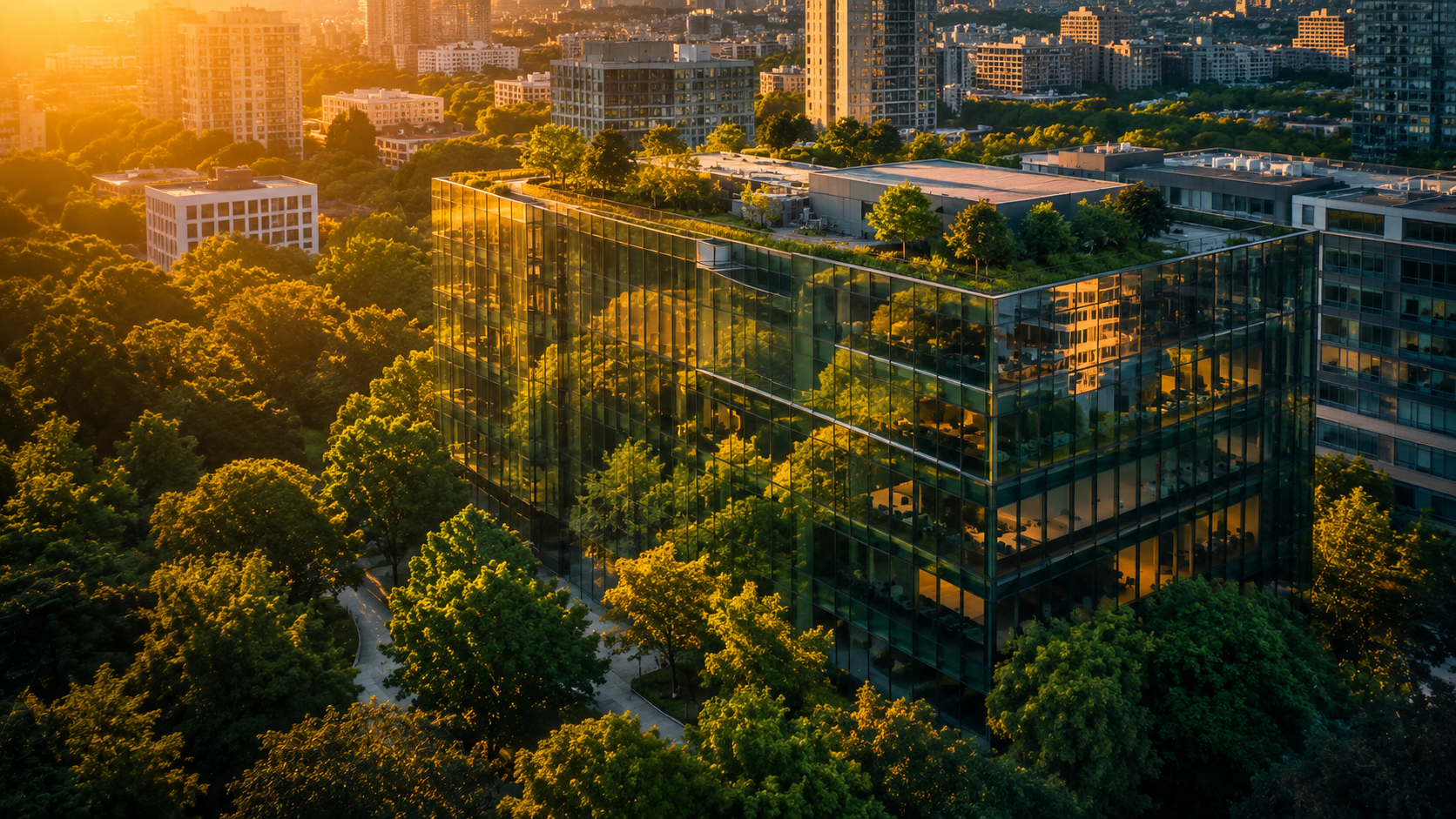 Aerial drone shot at golden hour of a glass office building surrounded by a dense urban forest canopy,