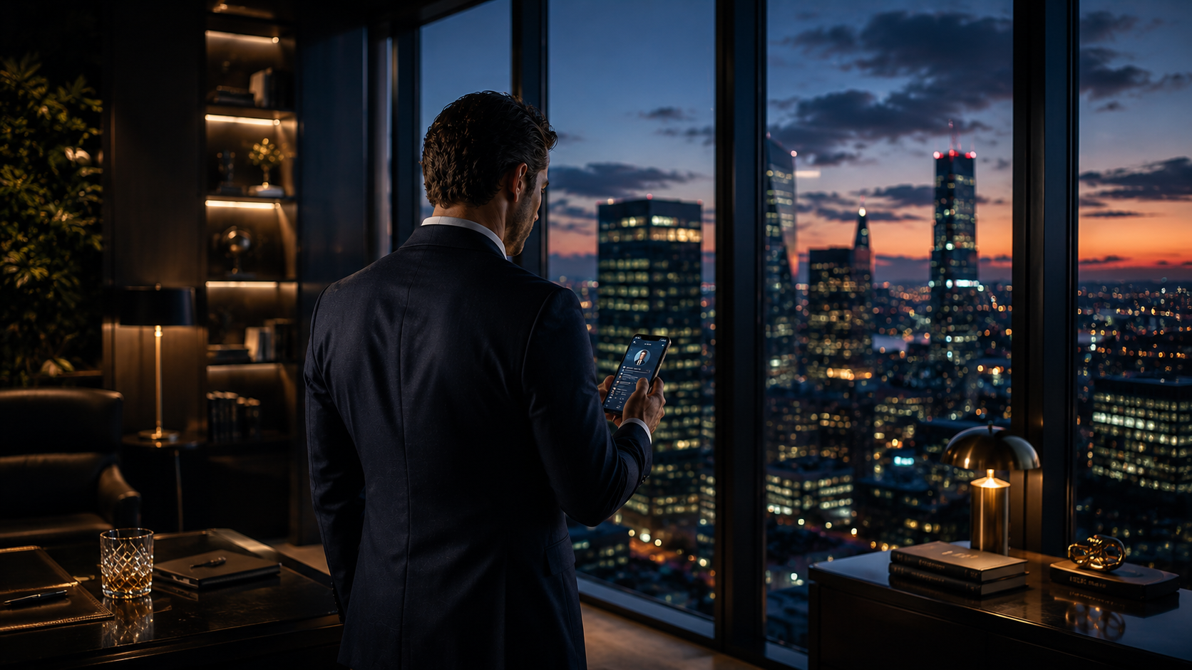 A professional in a sharp blazer photographed from behind, standing at floor-to-ceiling windows