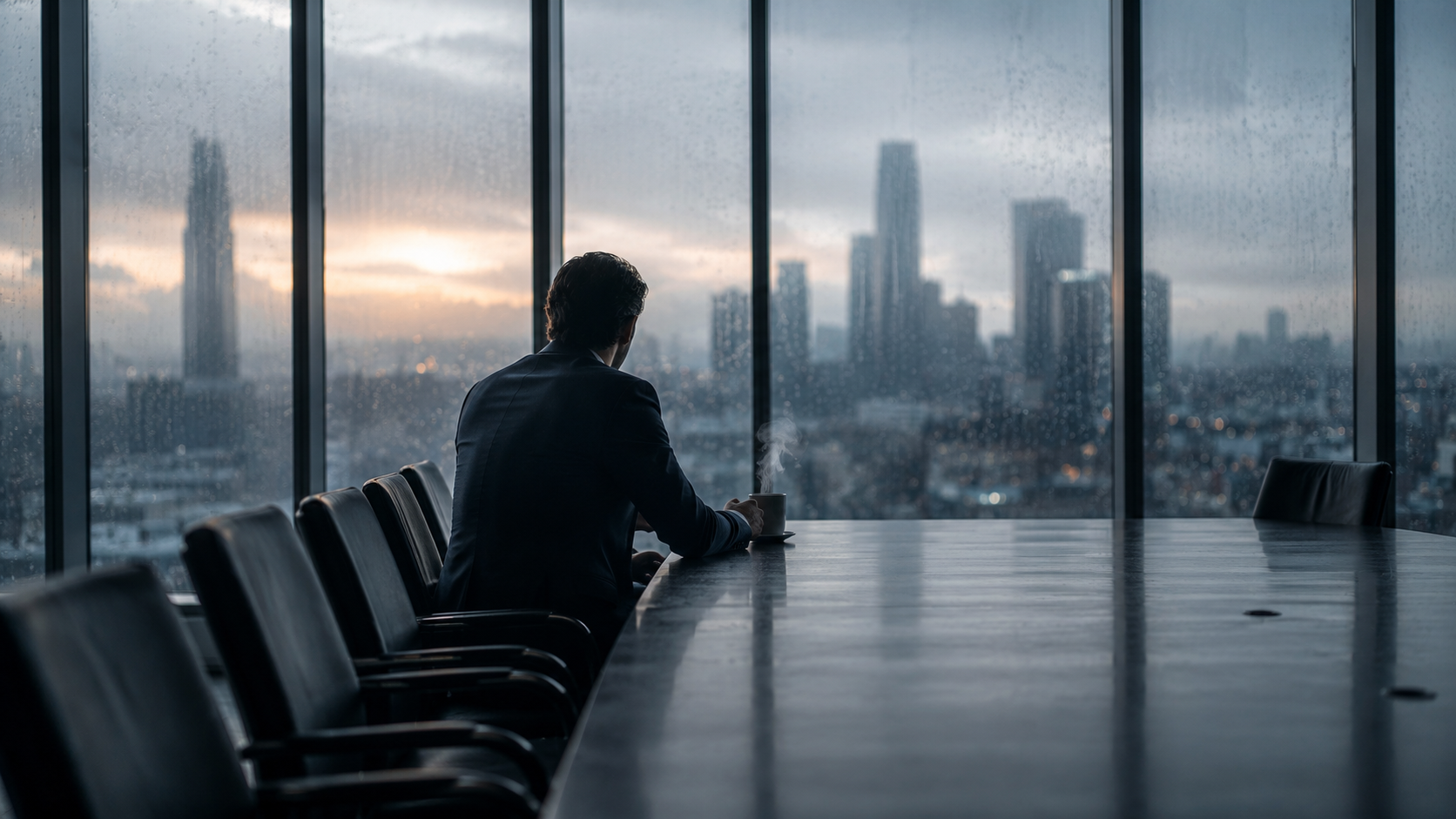 A lone executive sitting at the edge of a long empty conference table