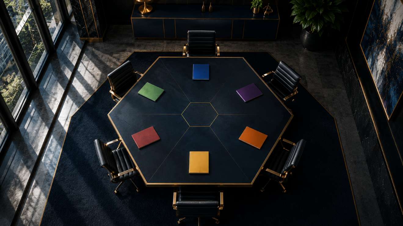 Bird's-eye view of a hexagonal boardroom table with six chairs, each chair occupied by a different coloured folder