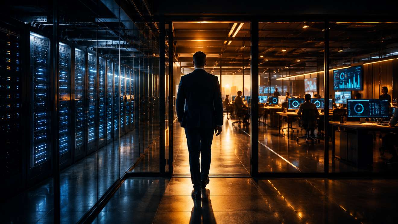 Inside a sleek glass-walled server room transitioning into a modern marketing studio