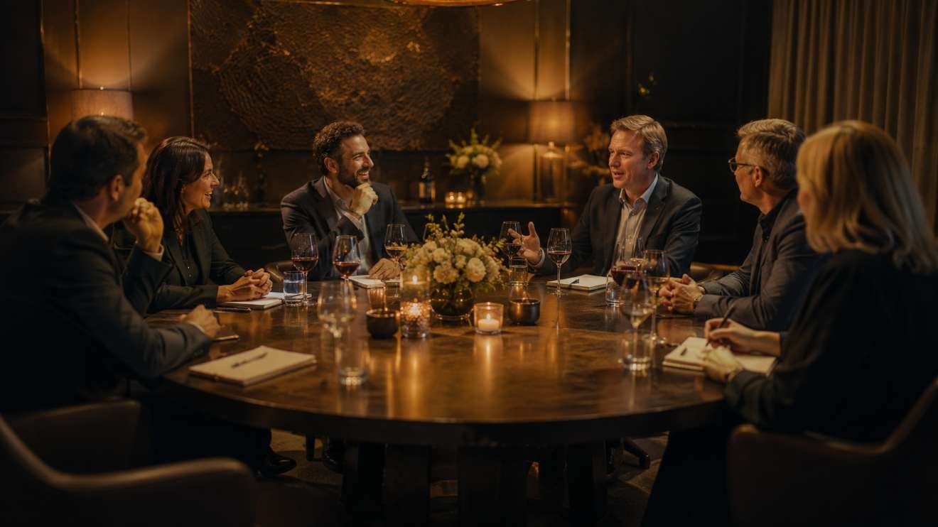 ntimate private dining room, six executives around a round table in soft candlelight, animated conversation