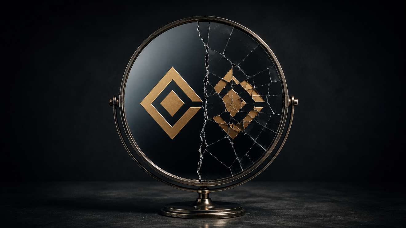 A cracked mirror reflecting a perfectly composed brand logo on one side and a fragmented, distorted version on the other